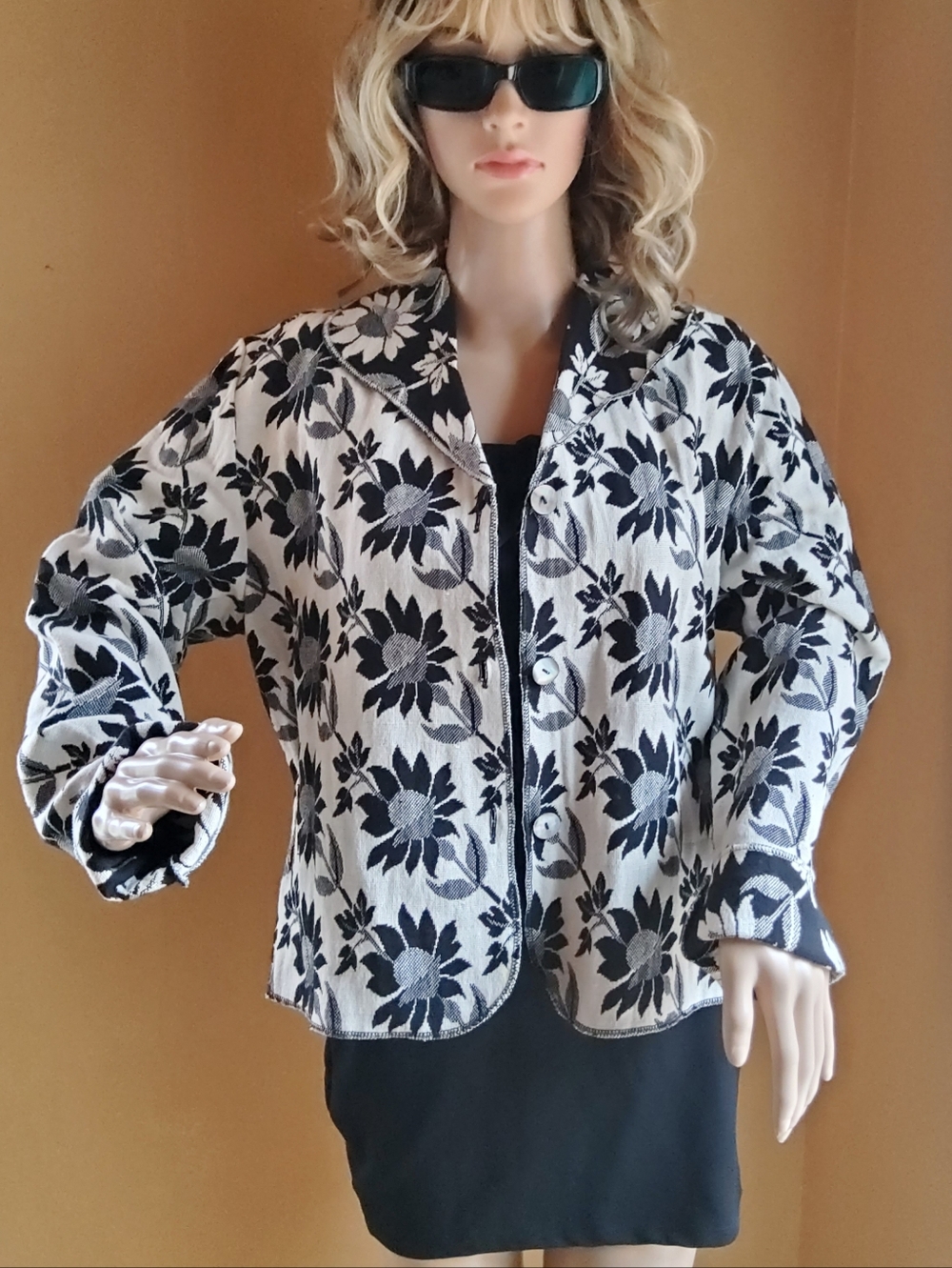 Black & White Floral Jacquard Blazer Jacket 100% Cotton